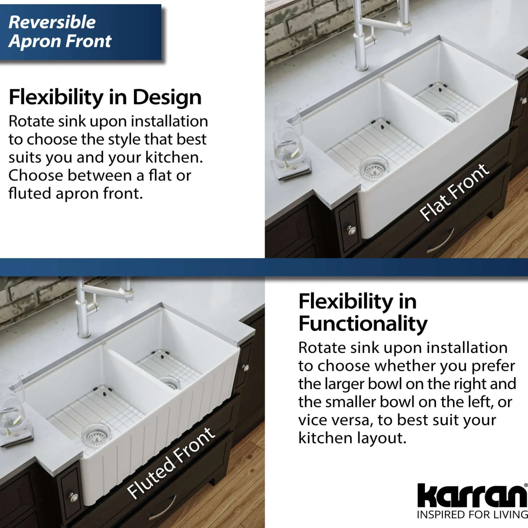 Karran Fireclay 33" Fireclay Workstation Farmhouse Sink with Accessories, 60/40 Double Bowl, White, FCWSF33DBWH-PK1