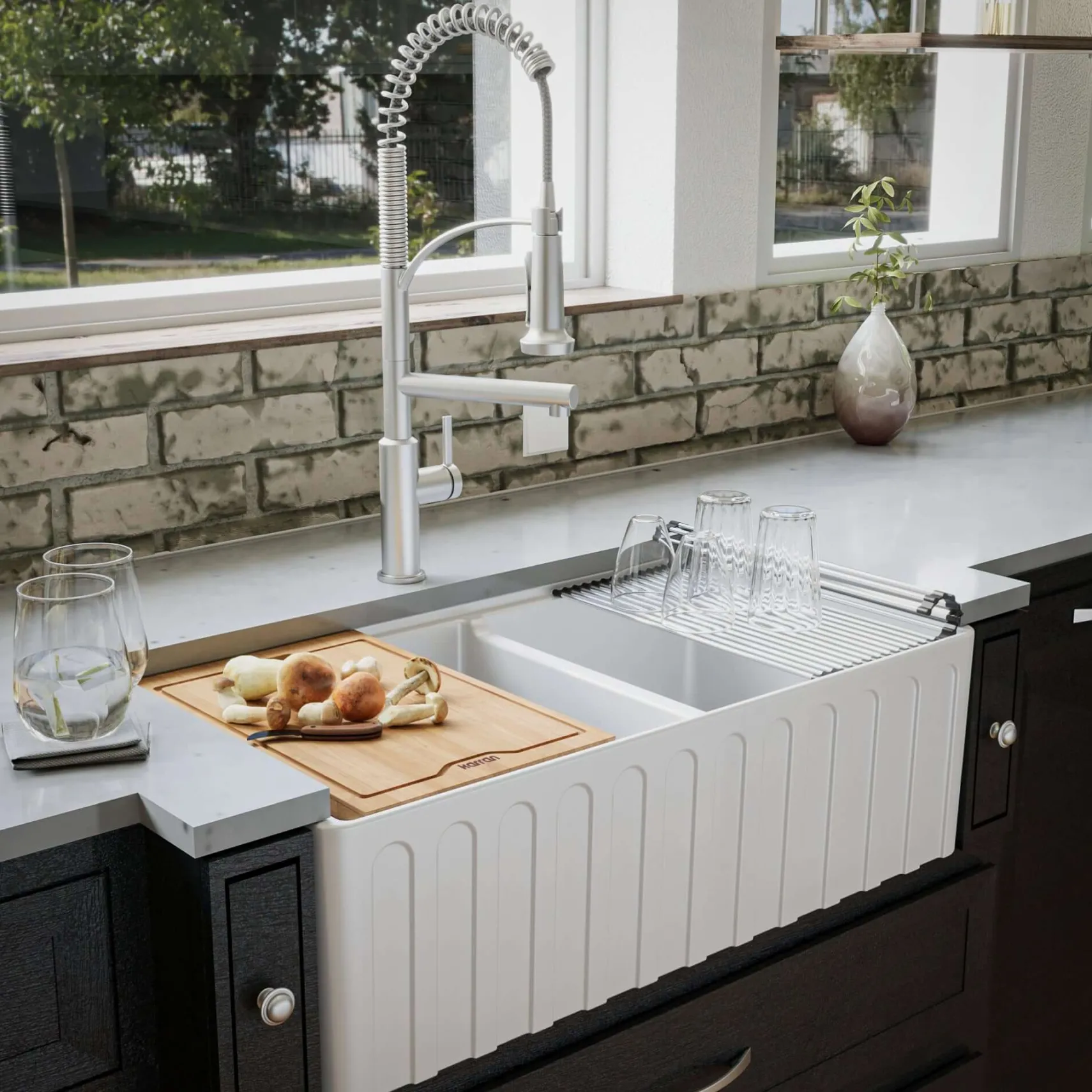 Karran Fireclay 33" Fireclay Workstation Farmhouse Sink with Accessories, 60/40 Double Bowl, White, FCWSF33DBWH-PK1