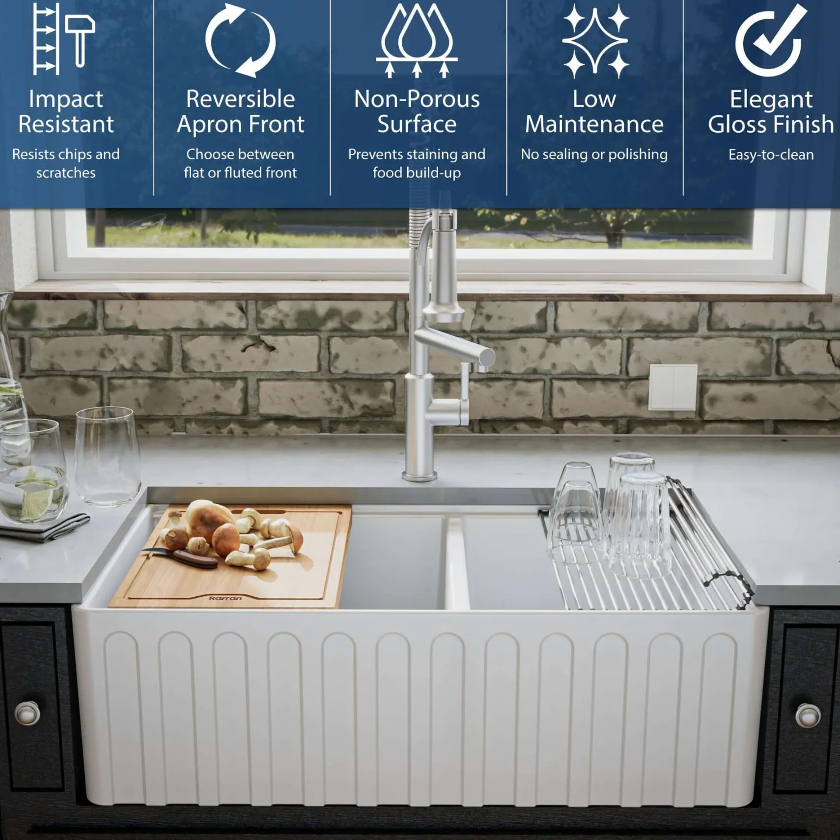 Karran Fireclay 33" Fireclay Workstation Farmhouse Sink with Accessories, 60/40 Double Bowl, White, FCWSF33DBWH-PK1