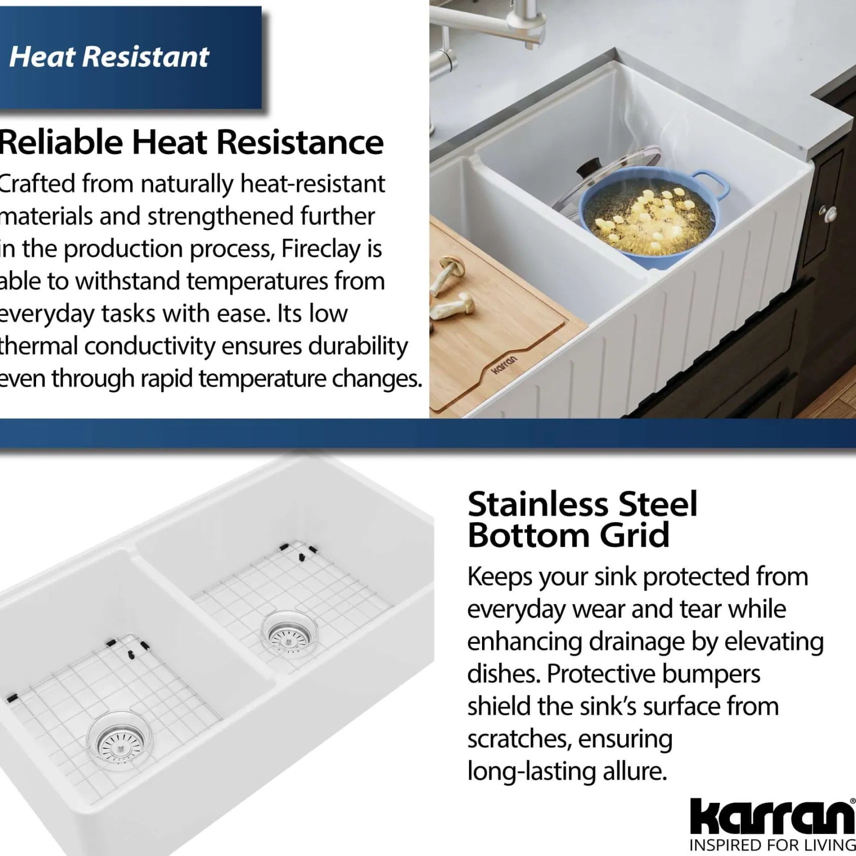Karran Fireclay 33" Fireclay Workstation Farmhouse Sink with Accessories, 60/40 Double Bowl, White, FCWSF33DBWH-PK1