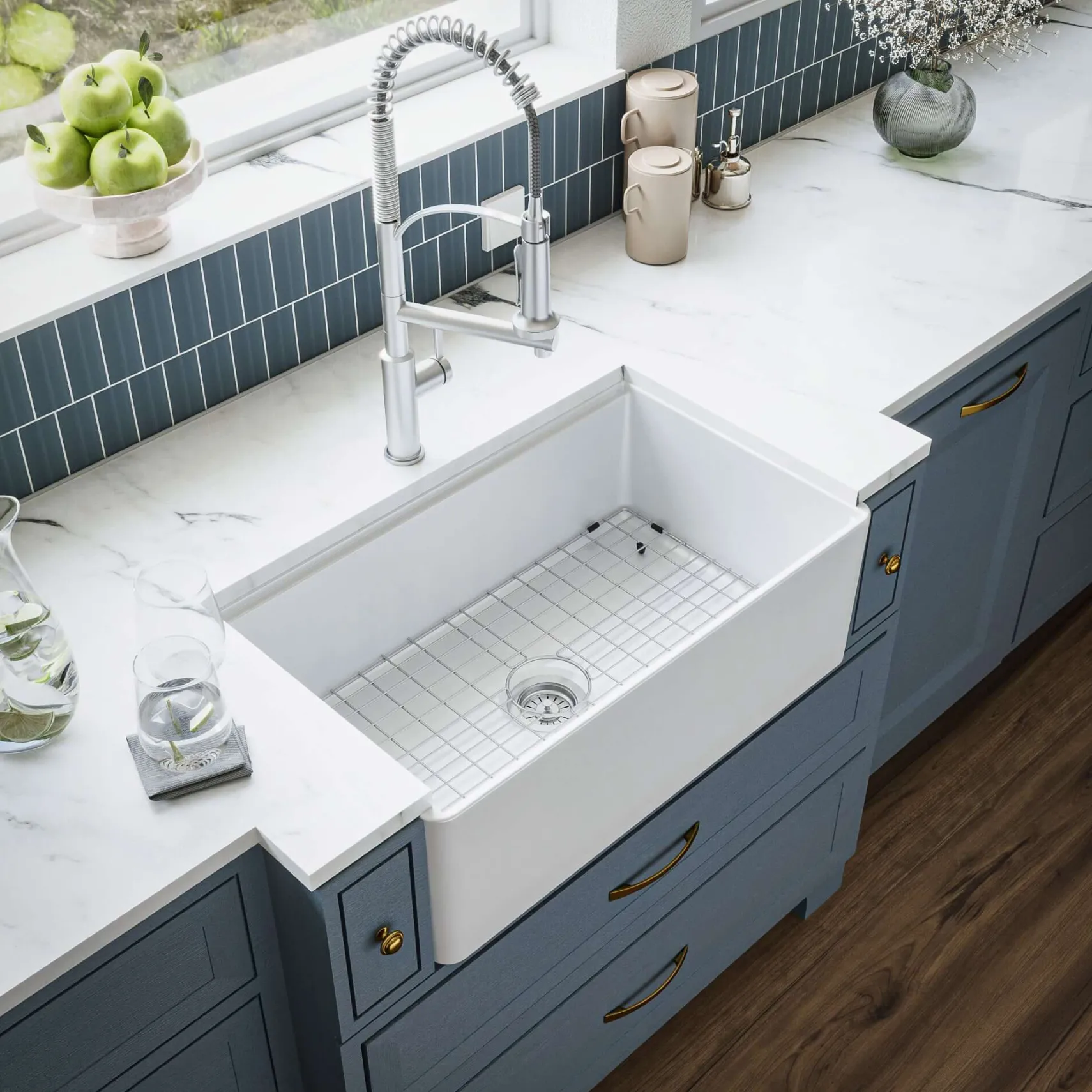 Karran Fireclay 30" Fireclay Workstation Farmhouse Sink with Accessories, White, FCWSF30SBWH-PK1