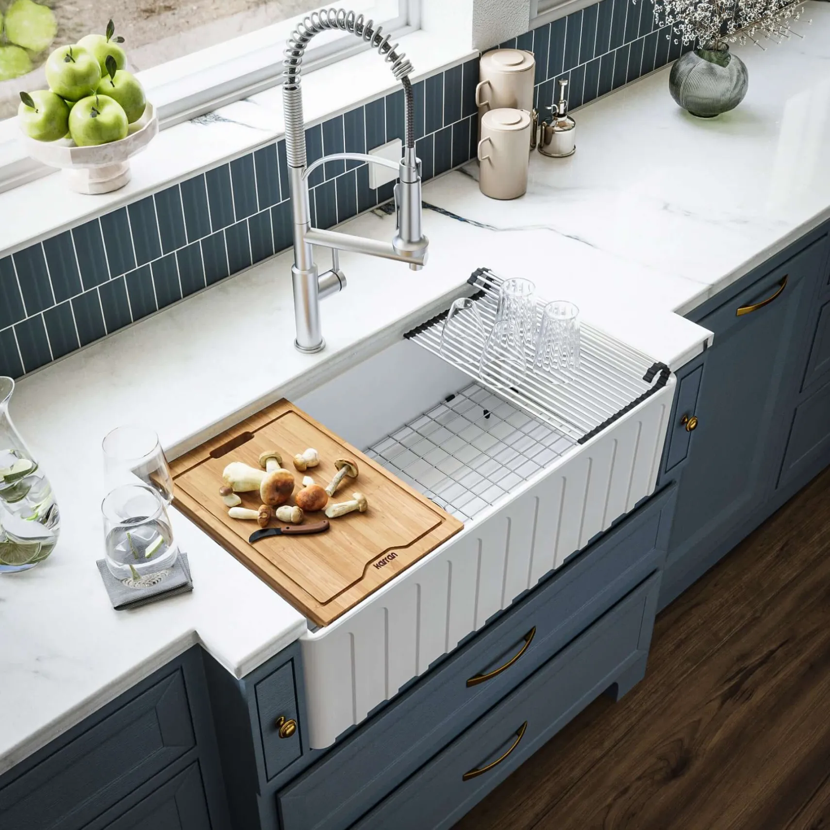 Karran Fireclay 33" Fireclay Workstation Farmhouse Sink with Accessories, White, FCWSF33SBWH-PK1