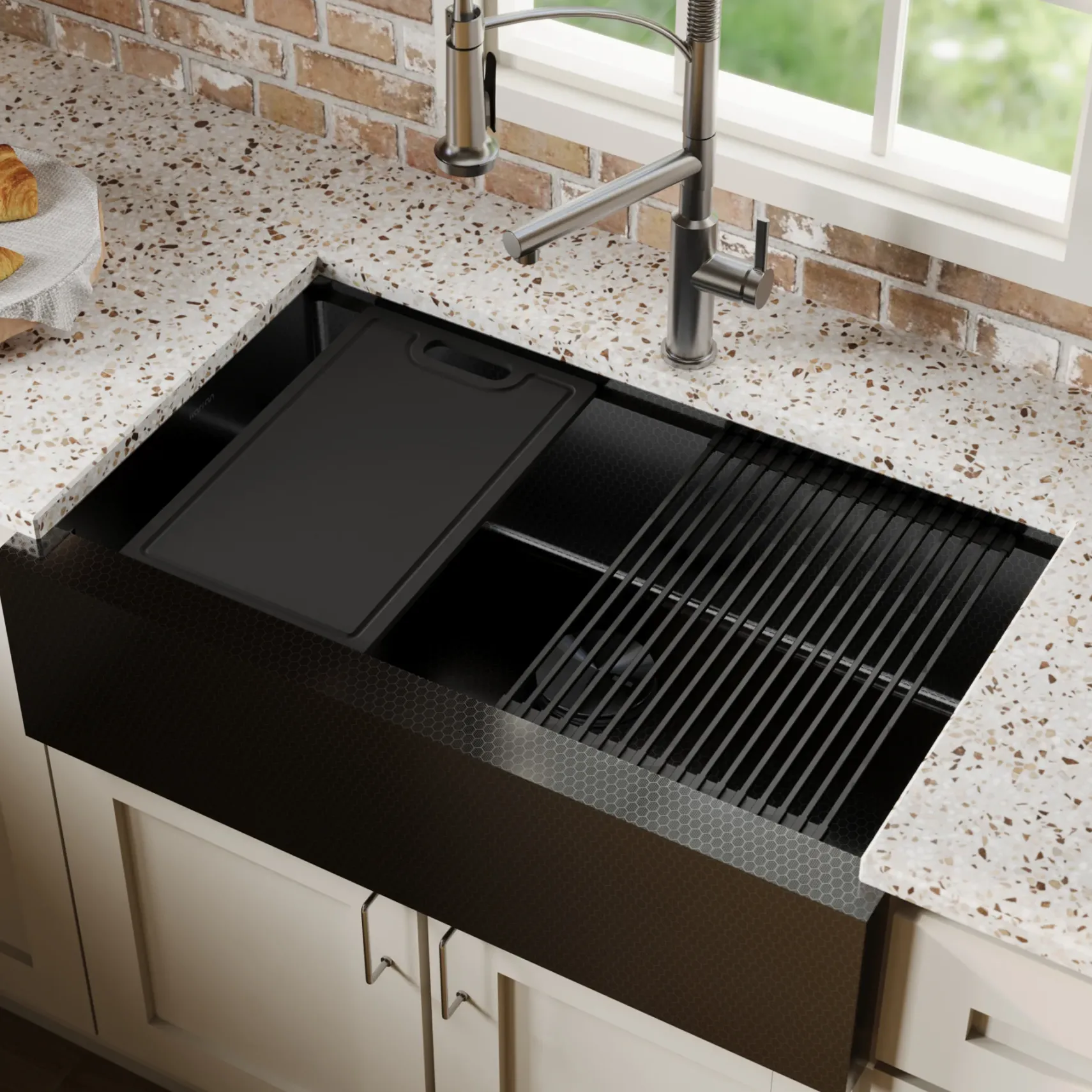 Karran Matrix 33" Stainless Steel Workstation Farmhouse Sink, Gunmetal Grey, HSU3320SB-D1