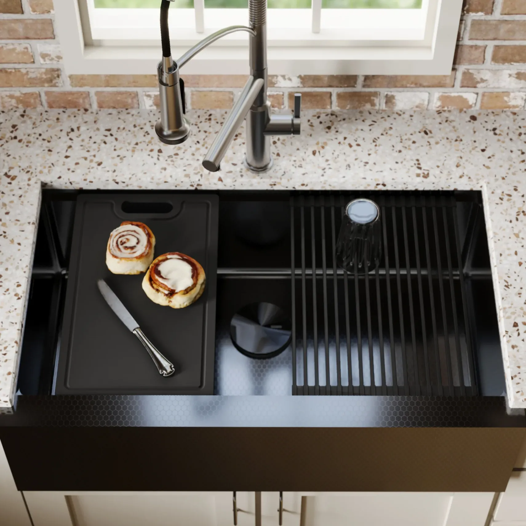 Karran Matrix 33" Stainless Steel Workstation Farmhouse Sink, Gunmetal Grey, HSU3320SB-D1