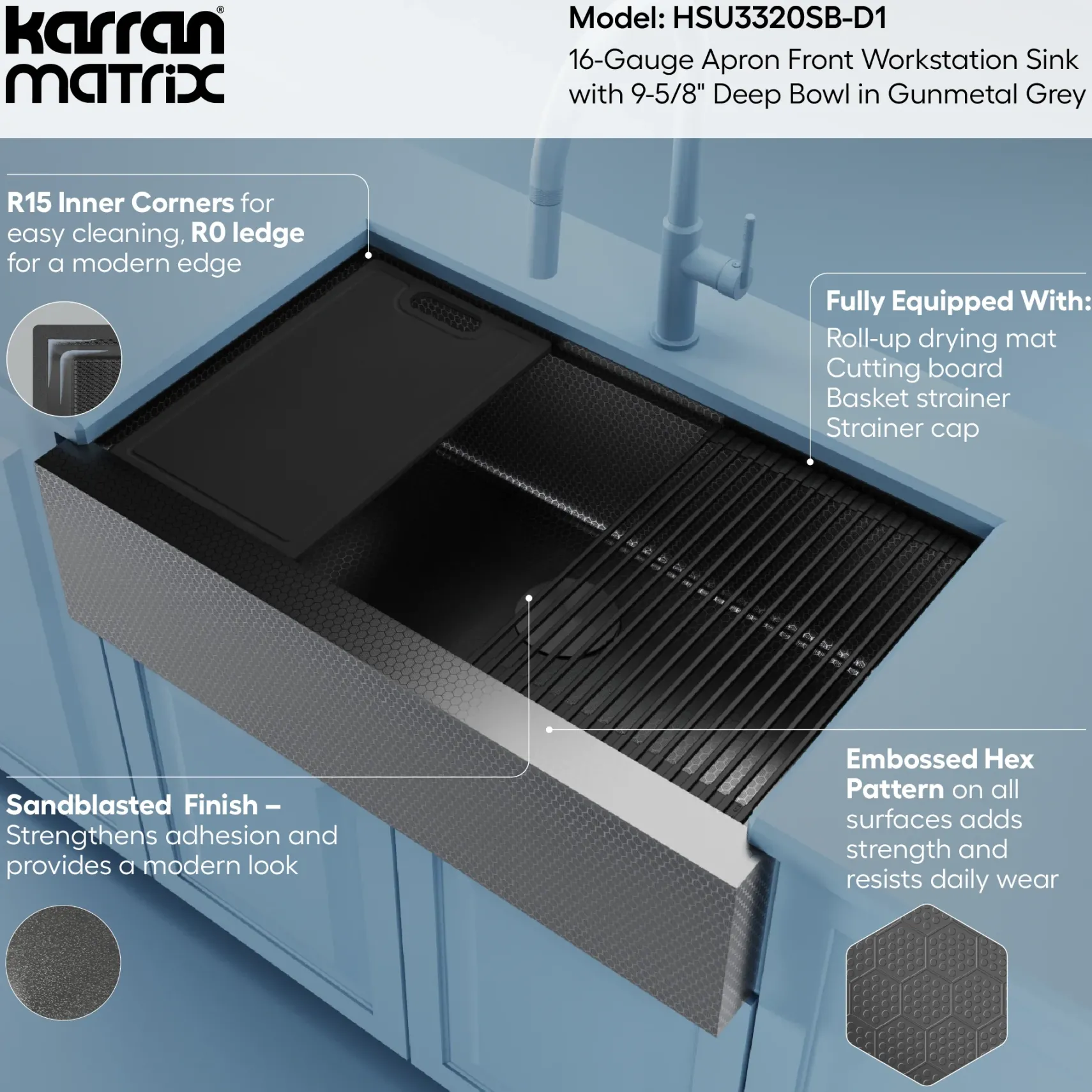 Karran Matrix 33" Stainless Steel Workstation Farmhouse Sink, Gunmetal Grey, HSU3320SB-D1
