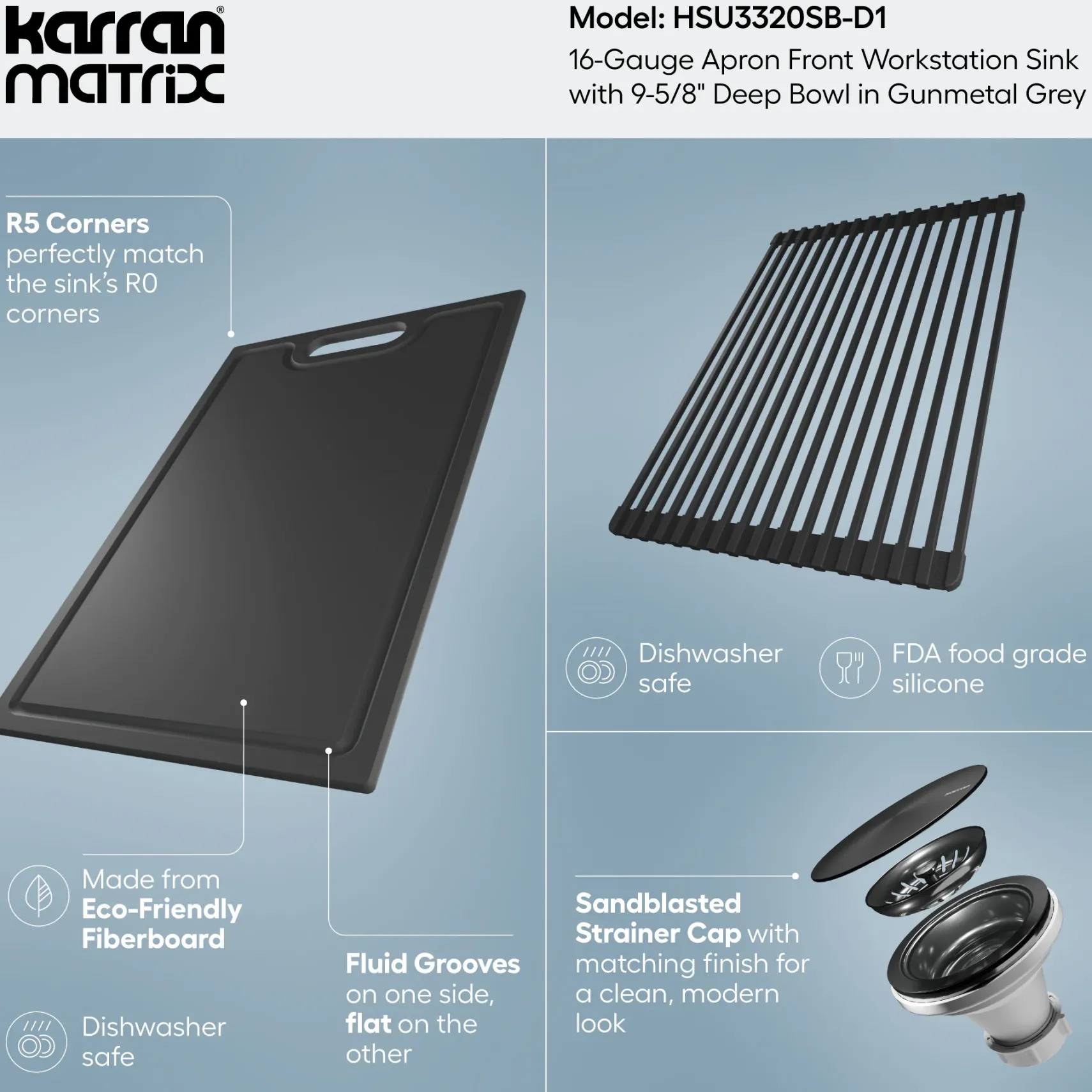 Karran Matrix 33" Stainless Steel Workstation Farmhouse Sink, Gunmetal Grey, HSU3320SB-D1