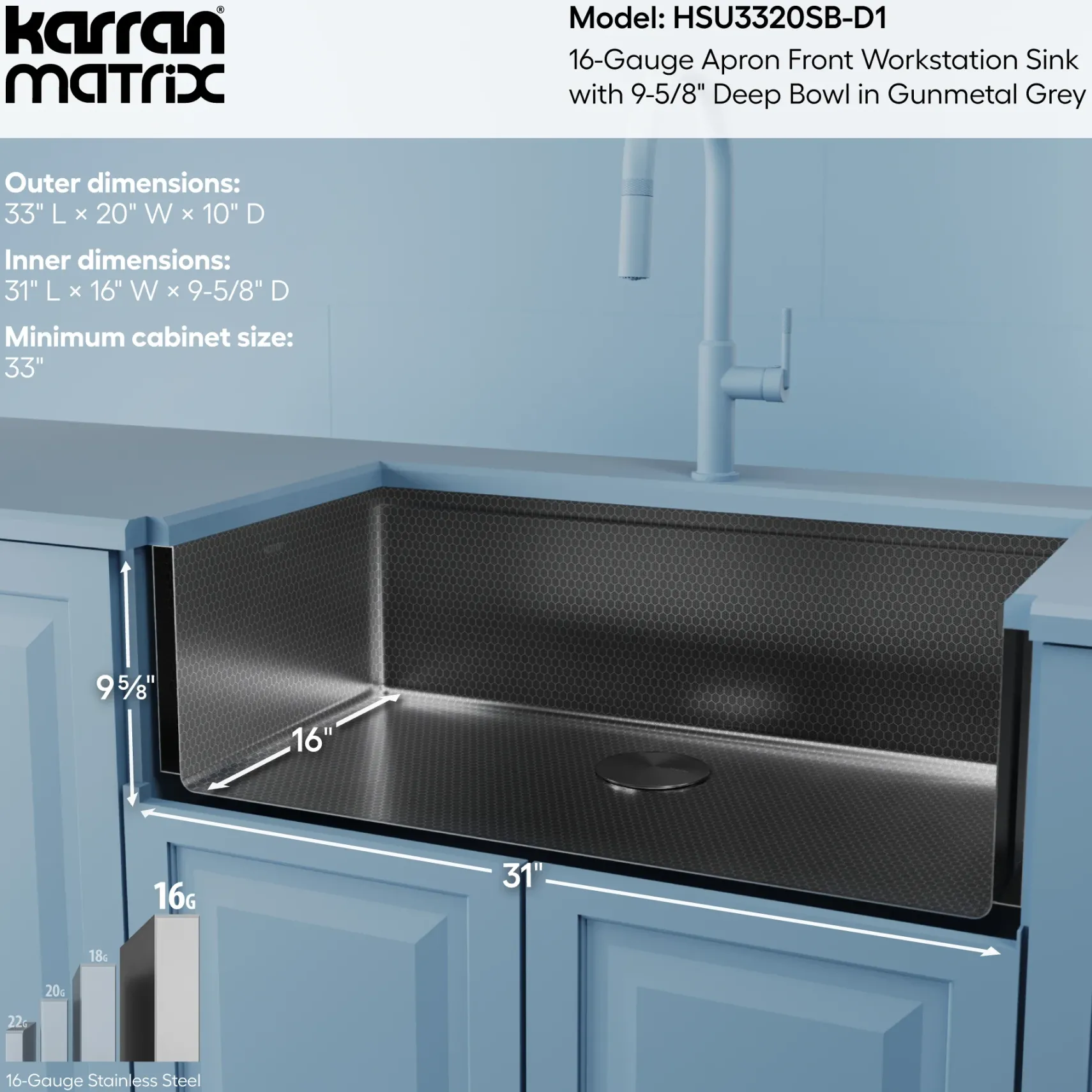 Karran Matrix 33" Stainless Steel Workstation Farmhouse Sink, Gunmetal Grey, HSU3320SB-D1
