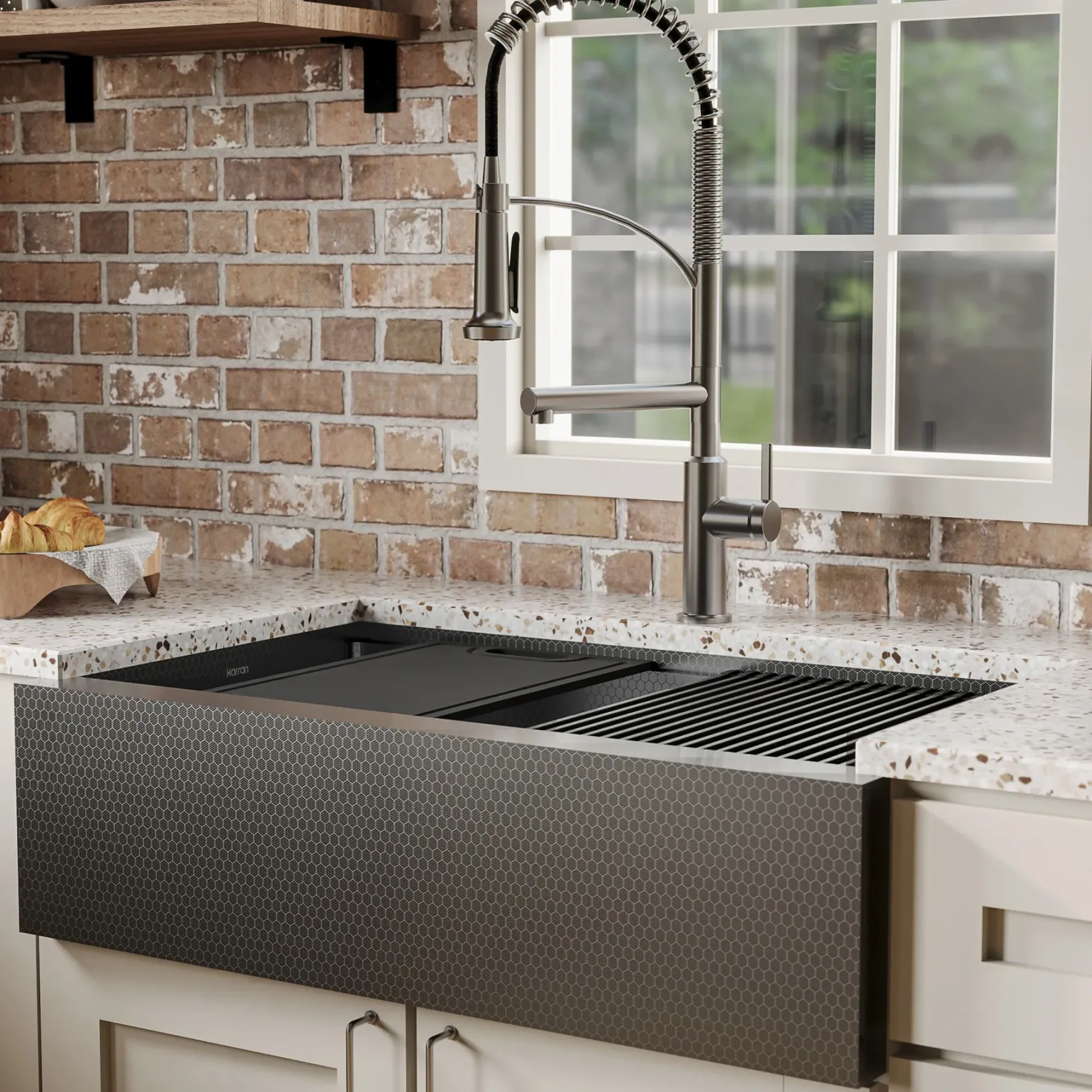Karran Matrix 33" Stainless Steel Workstation Farmhouse Sink, Gunmetal Grey, HSU3320SB-D1