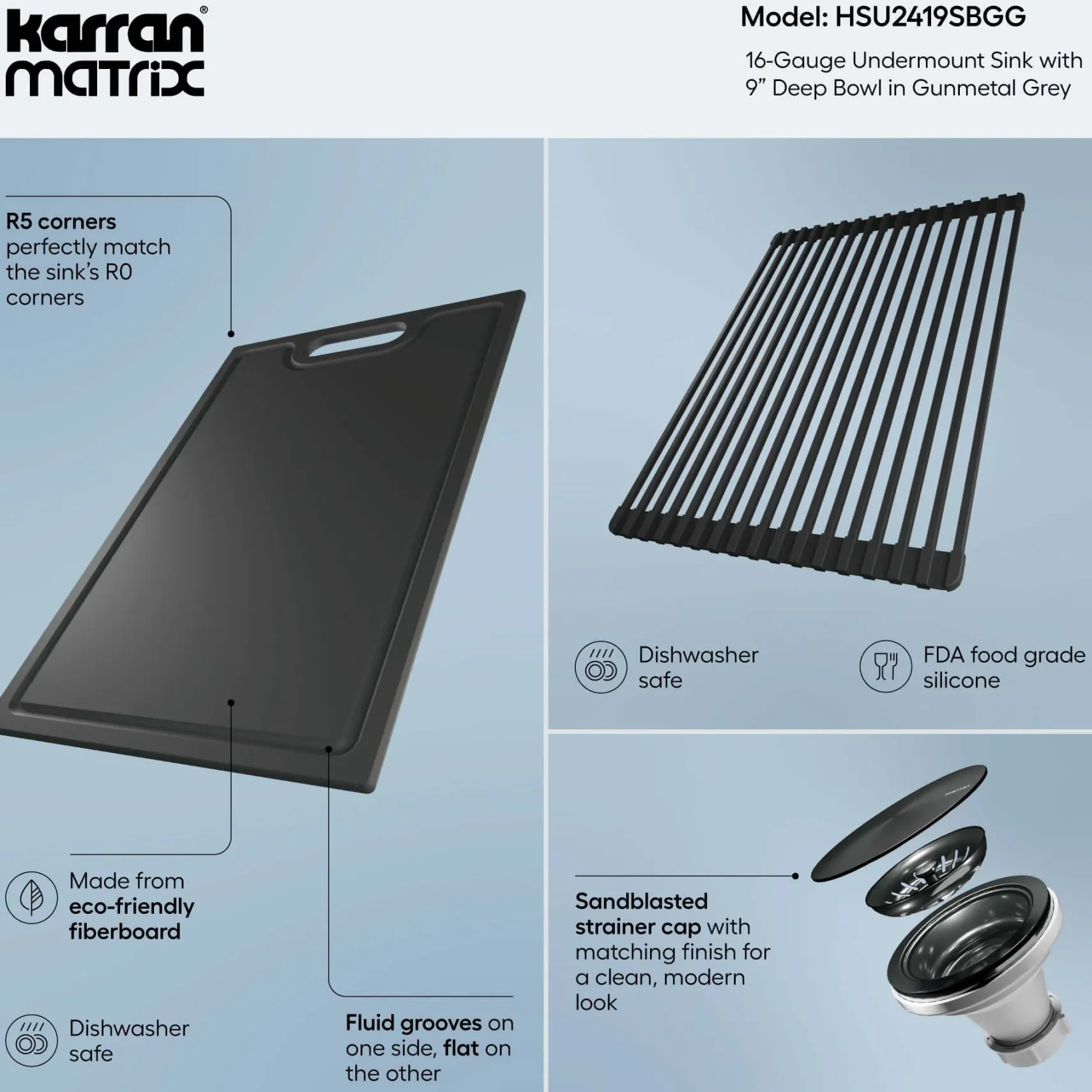 Karran Matrix 24" Undermount Stainless Steel Workstation Kitchen Sink with Accessories, Gunmetal Grey, 16 Gauge, HSU2419SBGG