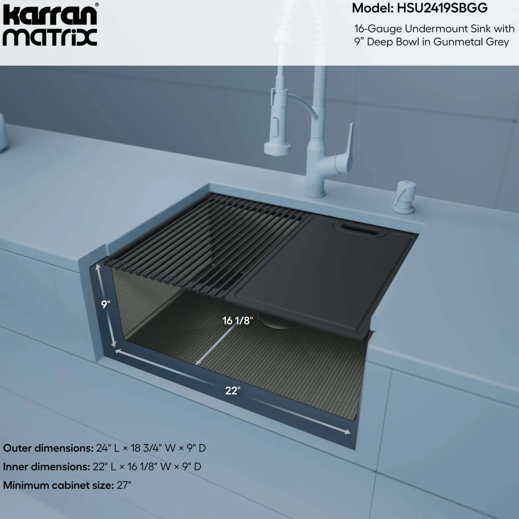 Karran Matrix 24" Undermount Stainless Steel Workstation Kitchen Sink with Accessories, Gunmetal Grey, 16 Gauge, HSU2419SBGG
