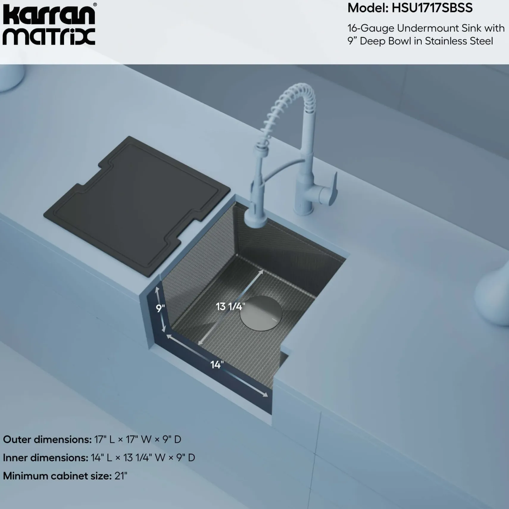 Karran Matrix 17" Undermount Stainless Steel Workstation Kitchen Sink with Accessories, 16 Gauge, HSU1717SBSS