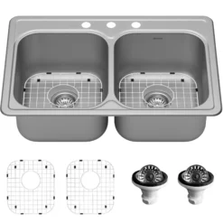Karran Profile 33" Drop In/Topmount Stainless Steel Kitchen Sink with Accessories, 50/50 Double Bowl, 18 Gauge, PT35-PK1