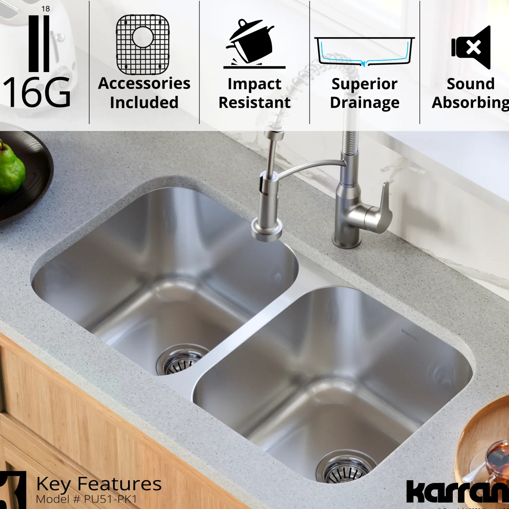 Karran Profile 32" Undermount Stainless Steel Kitchen Sink with Accessories, 50/50 Double Bowl, 16 Gauge, PU51-PK1