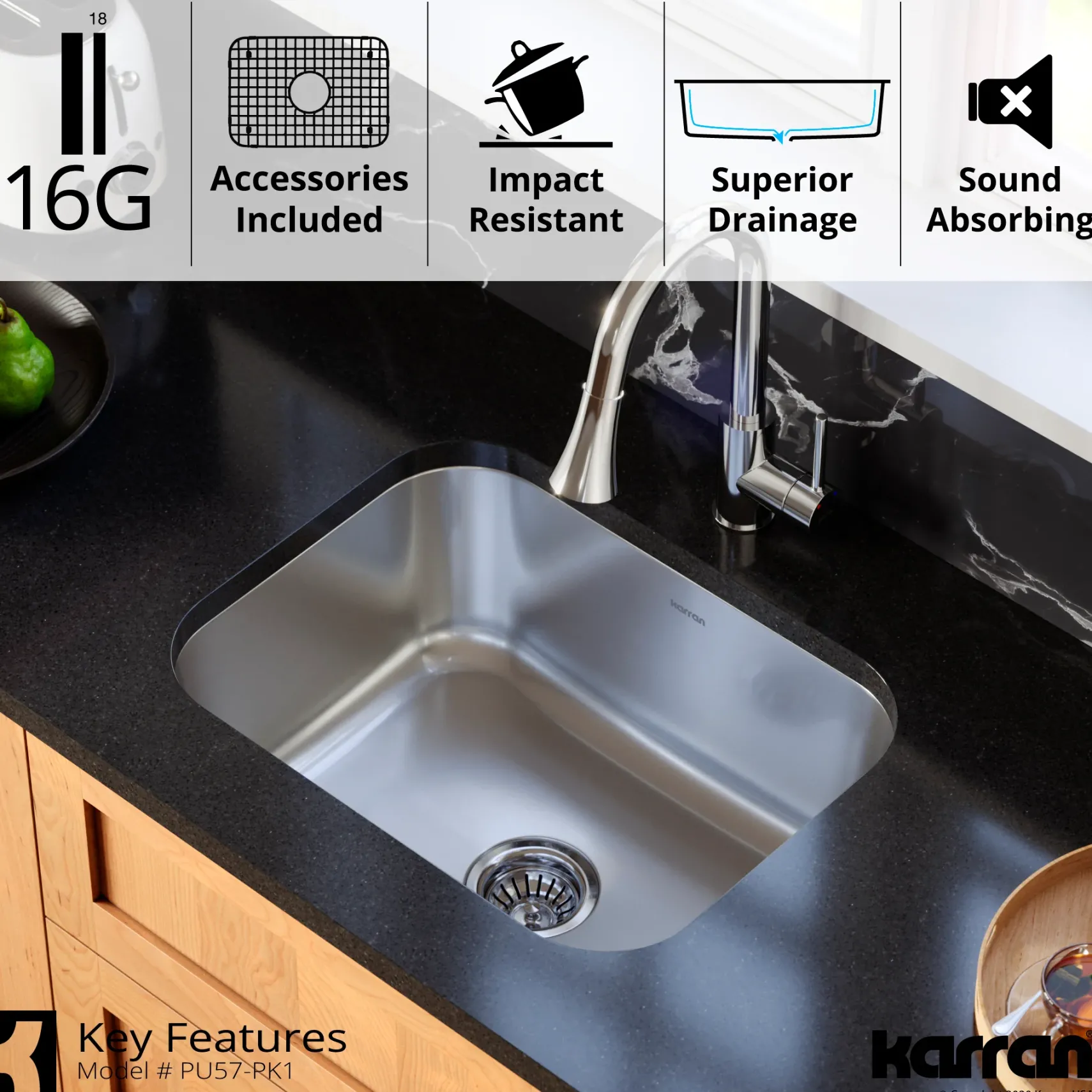 Karran Profile 23" Undermount Stainless Steel Kitchen Sink with Accessories, 16 Gauge, PU57-PK1