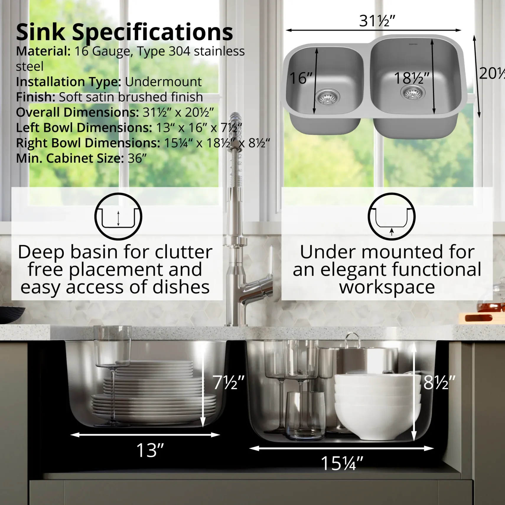 Karran Profile 32" Undermount Stainless Steel Kitchen Sink with Accessories, 40/60 Double Bowl, 16 Gauge, PU53L-PK1