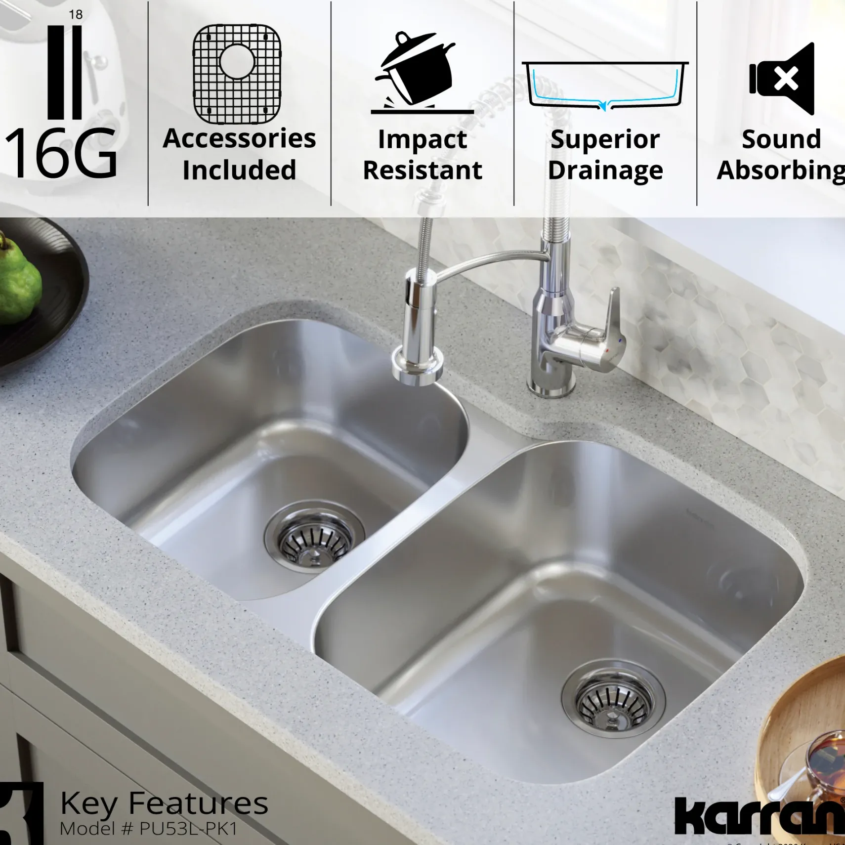 Karran Profile 32" Undermount Stainless Steel Kitchen Sink with Accessories, 40/60 Double Bowl, 16 Gauge, PU53L-PK1