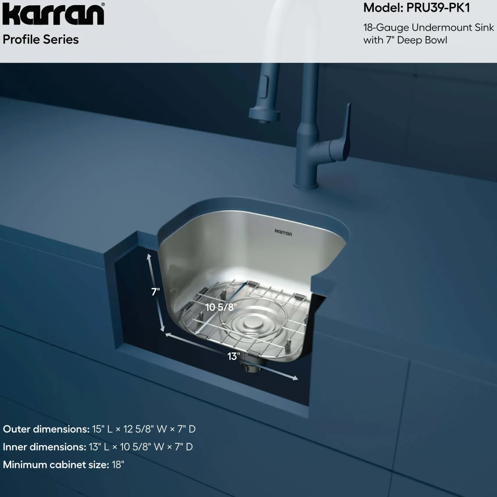Karran Profile 15" Undermount Stainless Steel Kitchen Sink with Accessories, 18 Gauge, PRU39-PK1