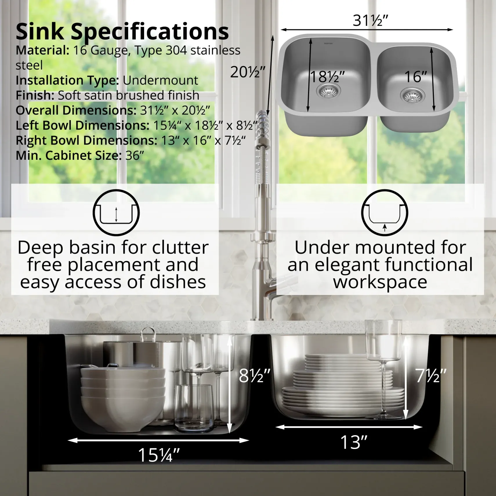 Karran Profile 32" Undermount Stainless Steel Kitchen Sink with Accessories, 60/40 Double Bowl, 16 Gauge, PU53R-PK1