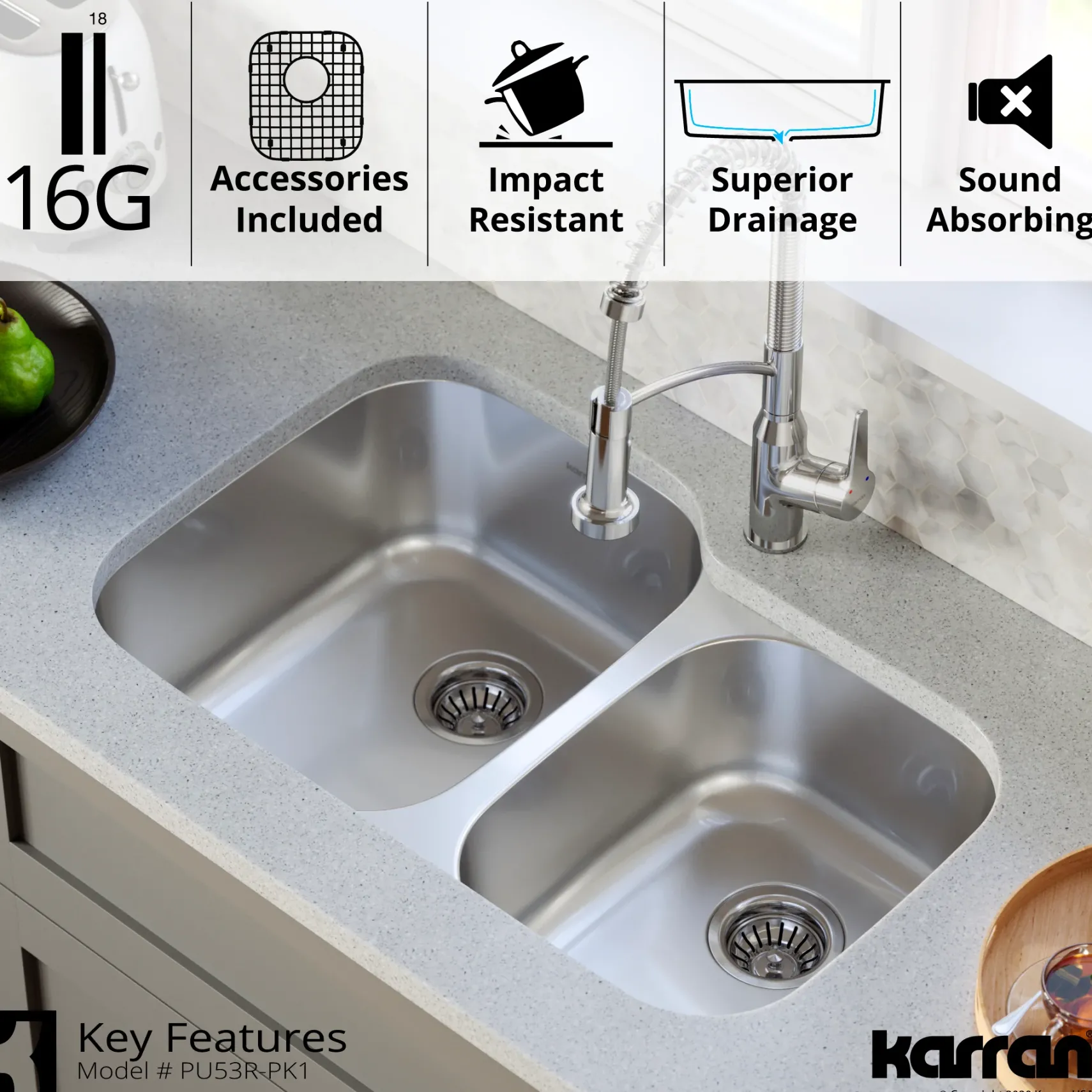 Karran Profile 32" Undermount Stainless Steel Kitchen Sink with Accessories, 60/40 Double Bowl, 16 Gauge, PU53R-PK1