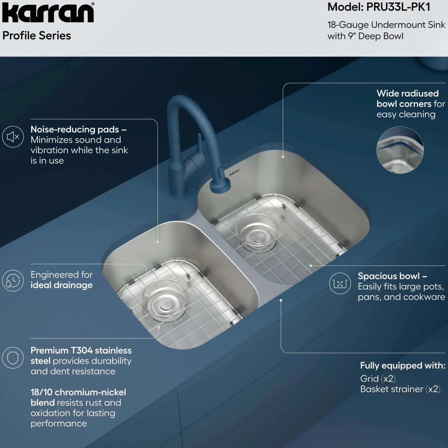 Karran Profile 32" Undermount Stainless Steel Kitchen Sink with Accessories, 40/60 Double Bowl, 18 Gauge, PRU33L-PK1