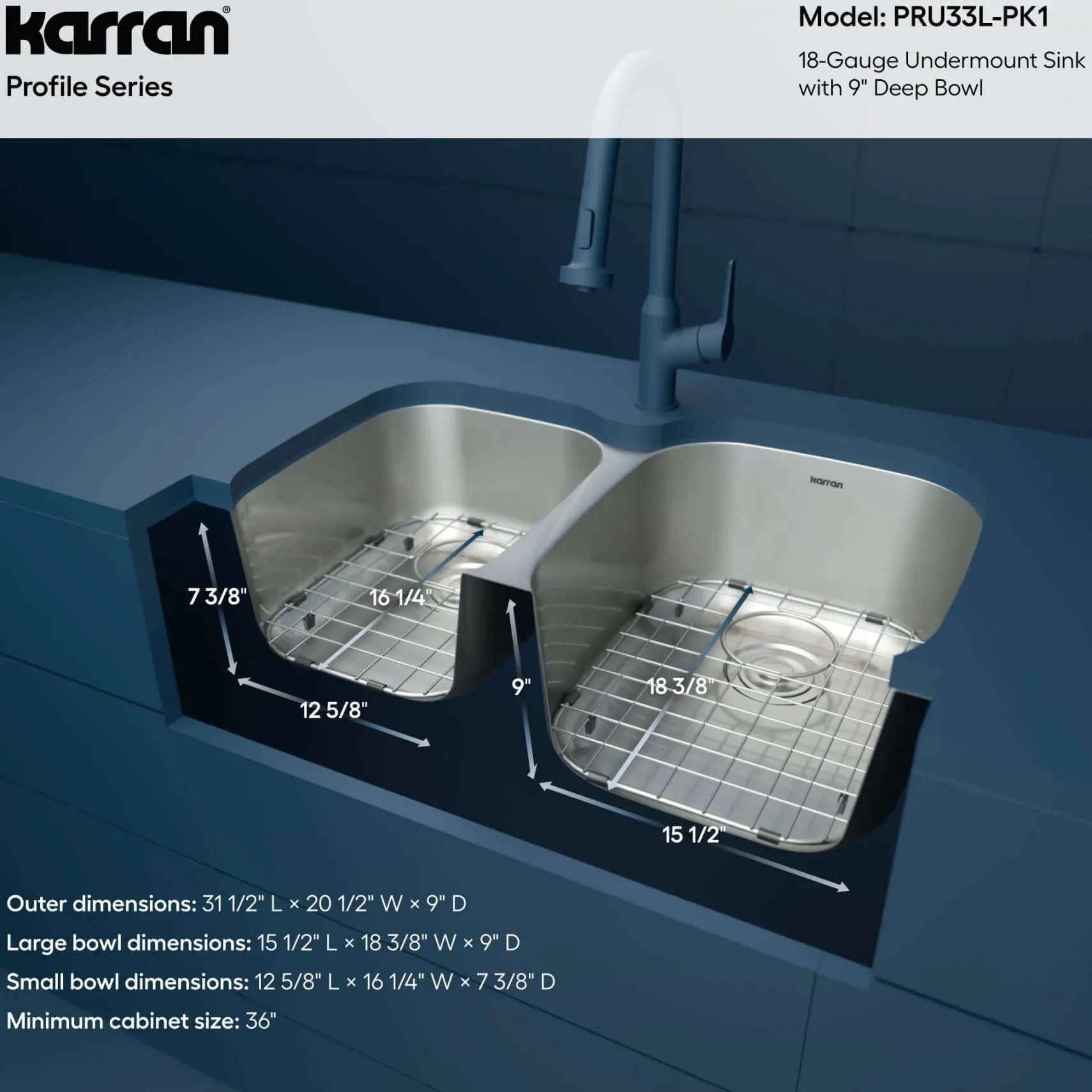 Karran Profile 32" Undermount Stainless Steel Kitchen Sink with Accessories, 40/60 Double Bowl, 18 Gauge, PRU33L-PK1