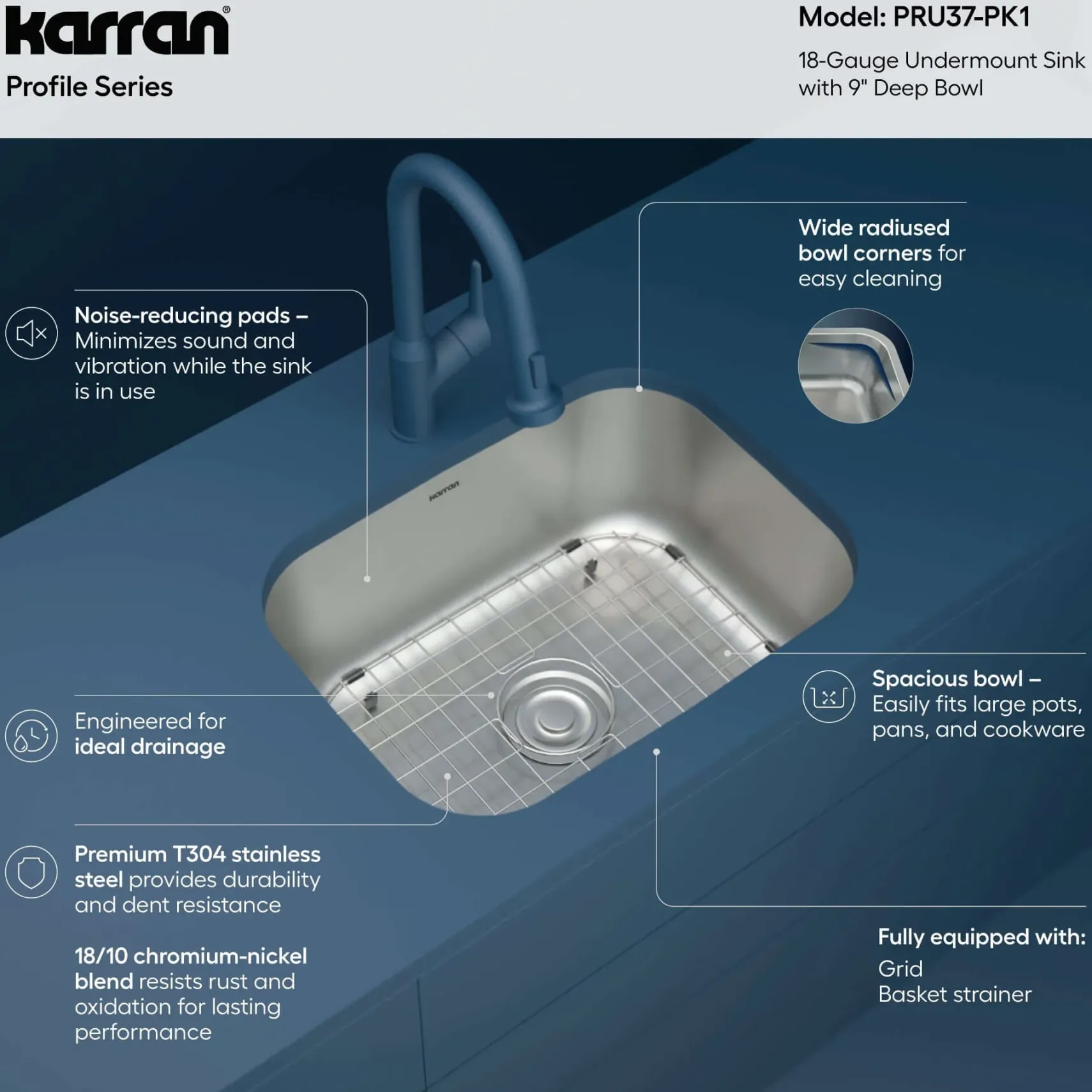 Karran Profile 23" Undermount Stainless Steel Kitchen Sink with Accessories, 18 Gauge, PRU37-PK1