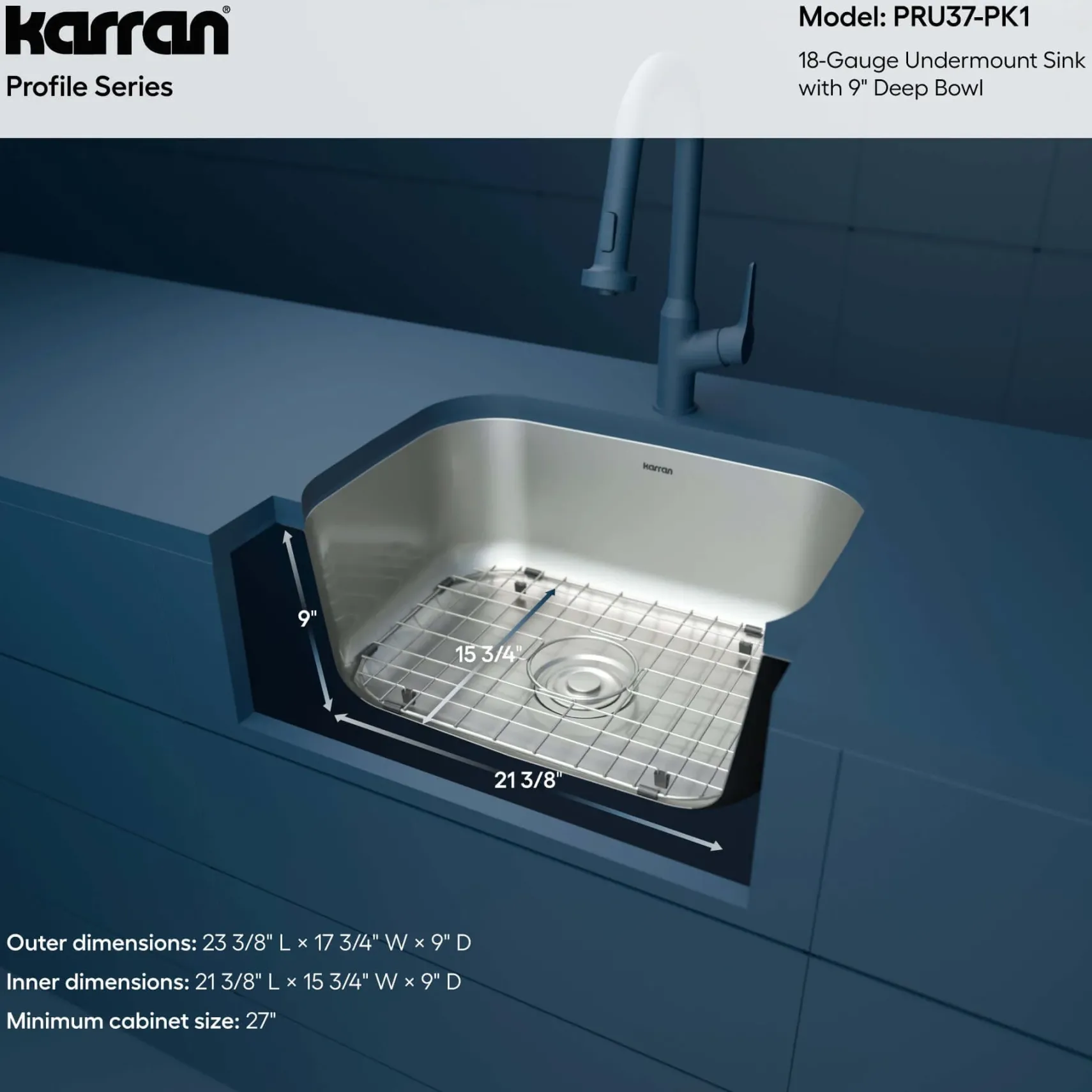Karran Profile 23" Undermount Stainless Steel Kitchen Sink with Accessories, 18 Gauge, PRU37-PK1