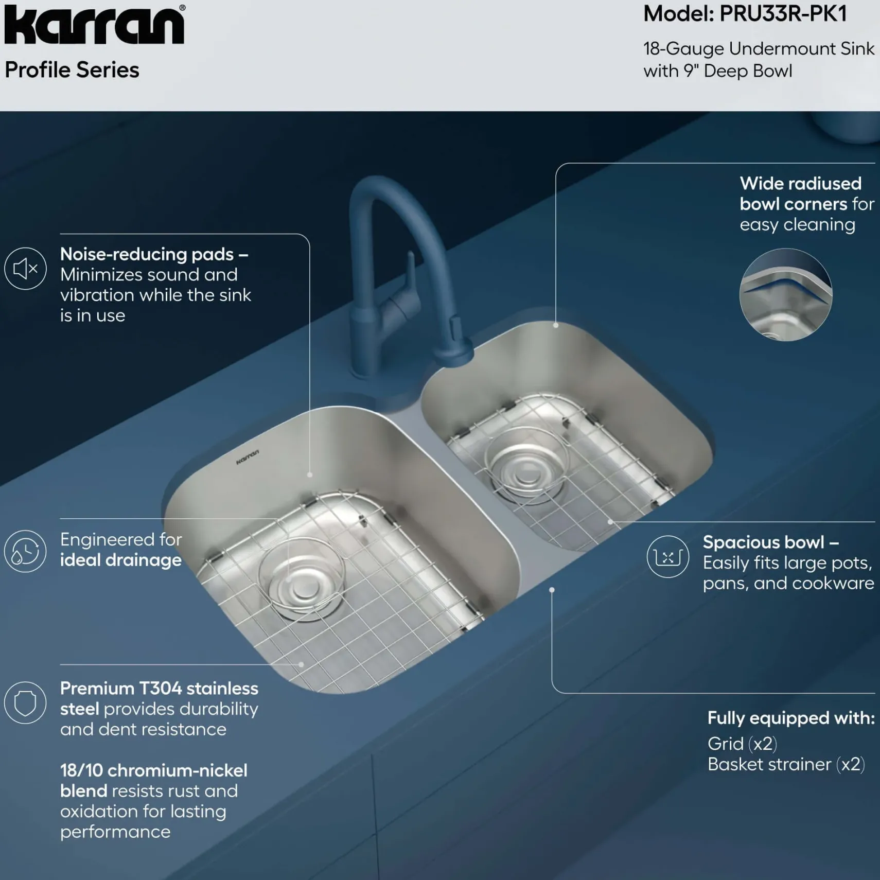 Karran Profile 32" Undermount Stainless Steel Kitchen Sink with Accessories, 60/40 Double Bowl, 18 Gauge, PRU33R-PK1