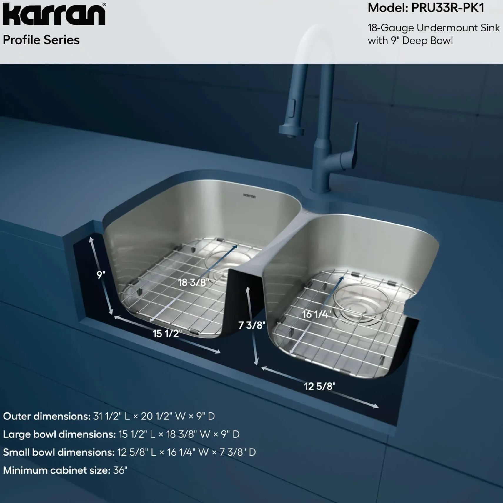 Karran Profile 32" Undermount Stainless Steel Kitchen Sink with Accessories, 60/40 Double Bowl, 18 Gauge, PRU33R-PK1