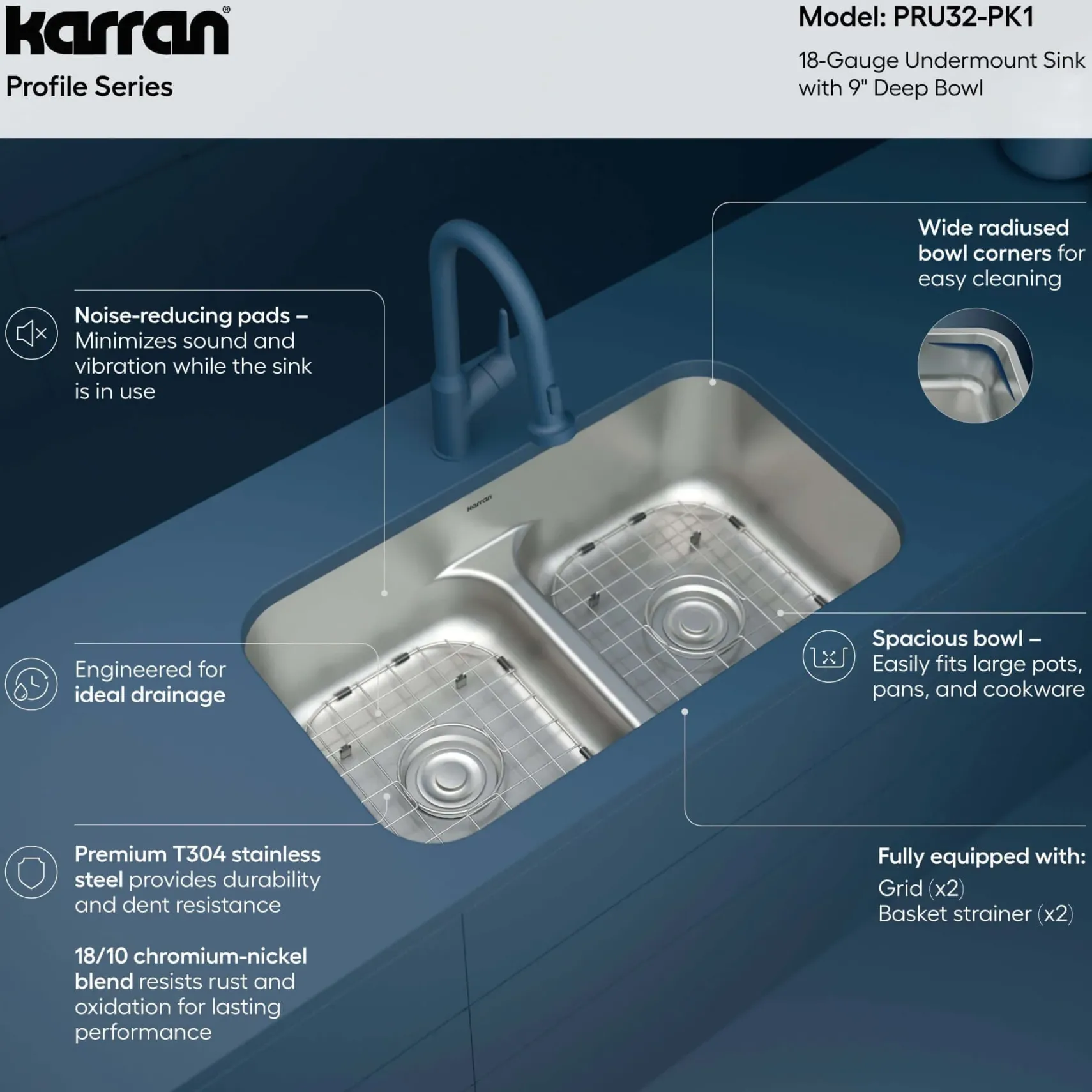 Karran Profile 32" Undermount Stainless Steel Kitchen Sink with Accessories, 50/50 Double Bowl, 18 Gauge, PRU32-PK1