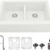 Karran 34" Quartz Composite Farmhouse Sink with Stainless Steel Faucet and Accessories, 50/50 Double Bowl, White, QA750WH220SS