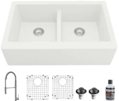 Karran 34" Quartz Composite Farmhouse Sink with Stainless Steel Faucet and Accessories, 50/50 Double Bowl, White, QA750WH220SS