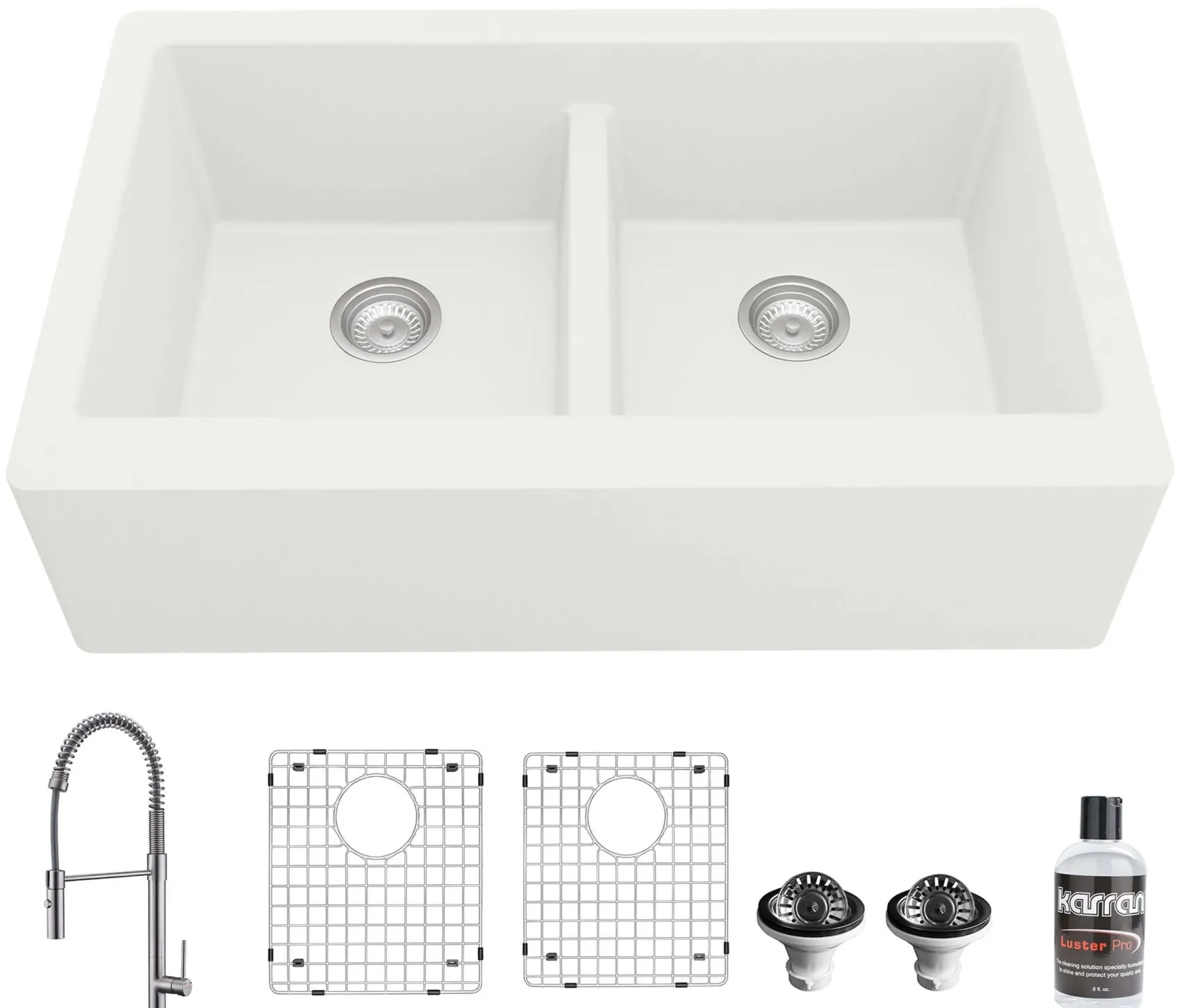 Karran 34" Quartz Composite Farmhouse Sink with Stainless Steel Faucet and Accessories, 50/50 Double Bowl, White, QA750WH220SS