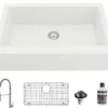 Karran 34" Quartz Composite Farmhouse Sink with Stainless Steel Faucet and Accessories, White, QA740WH220SS