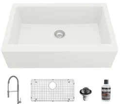 Karran 34" Quartz Composite Farmhouse Sink with Stainless Steel Faucet and Accessories, White, QA740WH220SS