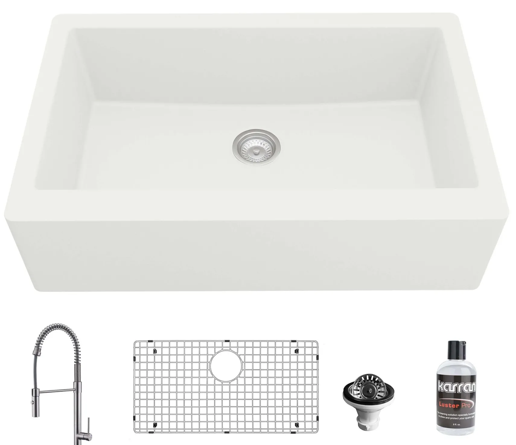 Karran 34" Quartz Composite Farmhouse Sink with Stainless Steel Faucet and Accessories, White, QA740WH220SS