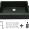 Karran 34" Quartz Composite Farmhouse Sink with Stainless Steel Faucet and Accessories, Black, QA740BL220SS