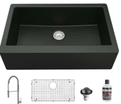 Karran 34" Quartz Composite Farmhouse Sink with Stainless Steel Faucet and Accessories, Black, QA740BL220SS