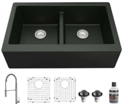 Karran 34" Quartz Composite Farmhouse Sink with Stainless Steel Faucet and Accessories, 50/50 Double Bowl, Black, QA750BL220SS