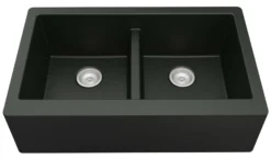Karran 34" Quartz Composite Farmhouse Sink with Stainless Steel Faucet and Accessories, 50/50 Double Bowl, Black, QA750BL220SS