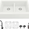 Karran 34" Quartz Composite Farmhouse Sink with Matte Black Faucet and Accessories, 50/50 Double Bowl, White, QA750WH210MB