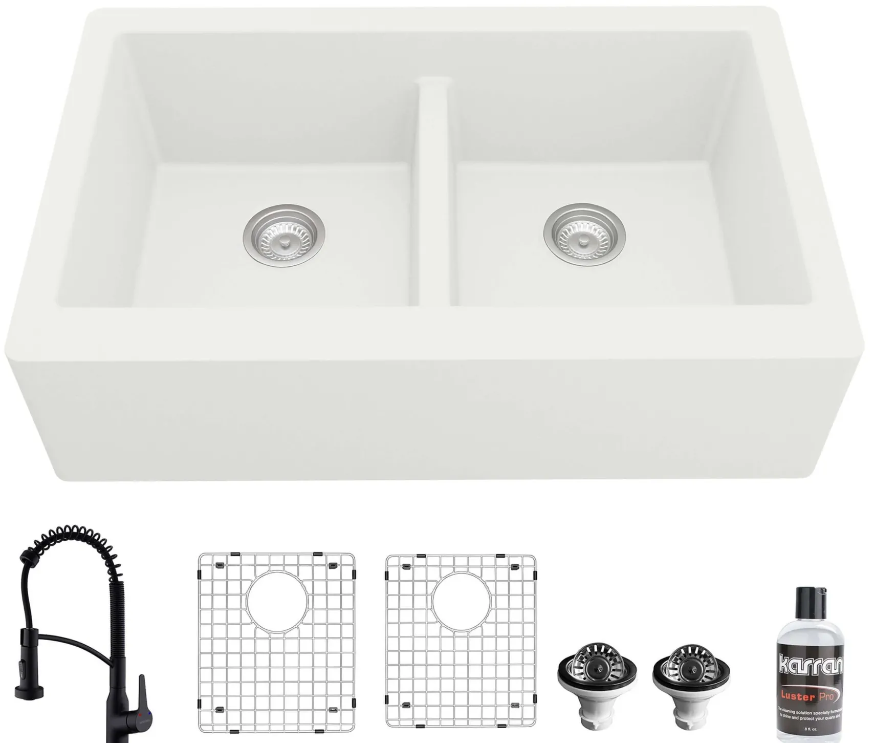 Karran 34" Quartz Composite Farmhouse Sink with Matte Black Faucet and Accessories, 50/50 Double Bowl, White, QA750WH210MB