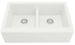 Karran 34" Quartz Composite Farmhouse Sink with Matte Black Faucet and Accessories, 50/50 Double Bowl, White, QA750WH210MB