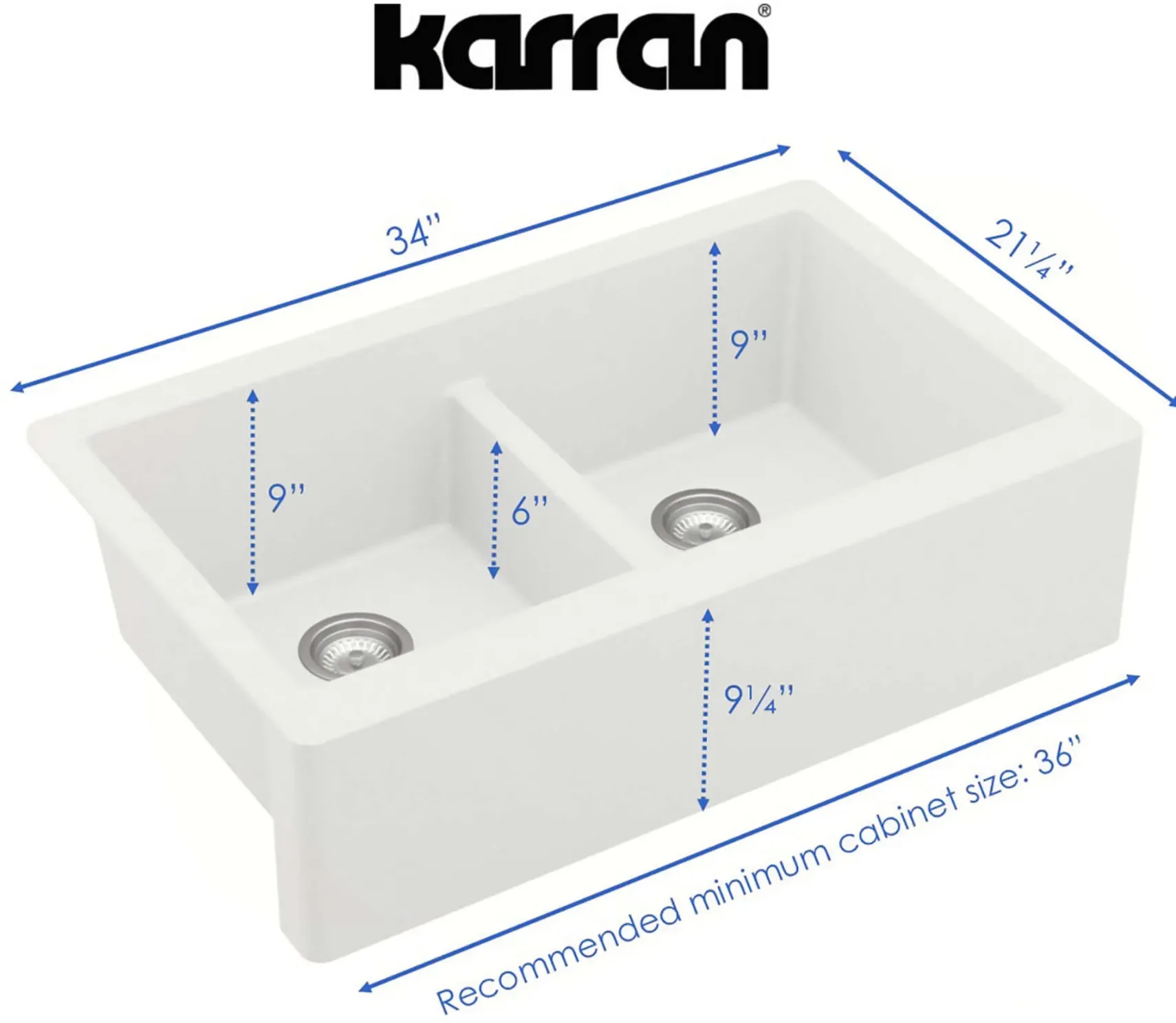 Karran 34" Quartz Composite Farmhouse Sink with Matte Black Faucet and Accessories, 50/50 Double Bowl, White, QA750WH210MB