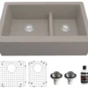 Karran 34" Quartz Composite Farmhouse Sink, 60/40 Double Bowl, Concrete, QA-760-CN-PK1