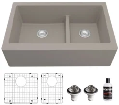 Karran 34" Quartz Composite Farmhouse Sink, 60/40 Double Bowl, Concrete, QA-760-CN-PK1