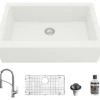 Karran 34" Quartz Composite Farmhouse Sink with Stainless Steel Faucet and Accessories, White, QA740WH210SS