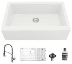 Karran 34" Quartz Composite Farmhouse Sink with Stainless Steel Faucet and Accessories, White, QA740WH210SS