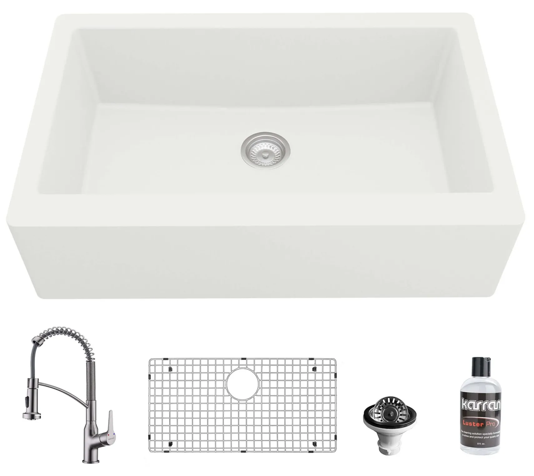 Karran 34" Quartz Composite Farmhouse Sink with Stainless Steel Faucet and Accessories, White, QA740WH210SS