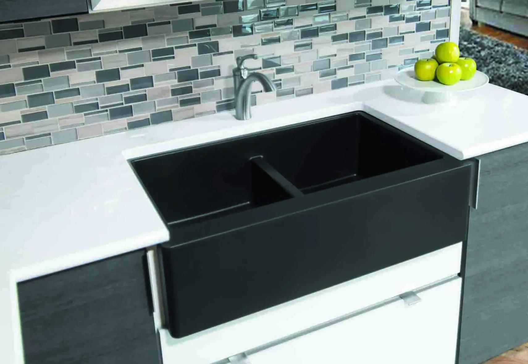 Karran 34" Quartz Composite Farmhouse Sink, 50/50 Double Bowl, Black, QA-750-BL